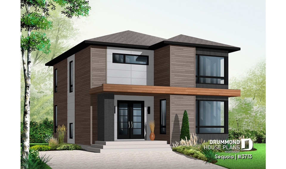 front - BASE MODEL - Attractive &amp; Affordable Small Contemporary home plan, 3 bedrooms with 2 family rooms, master with walk-in - Sequoia