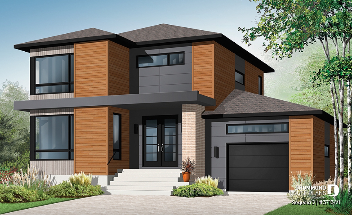 front - BASE MODEL - Affordable Modern home plan, garage, 3 beds, 1.5 baths, family &amp; living rooms, 9' ceiling on main, fireplace - Sequoia 2