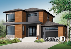front - BASE MODEL - Affordable Modern home plan, garage, 3 beds, 1.5 baths, family & living rooms, 9' ceiling on main, fireplace - Sequoia 2