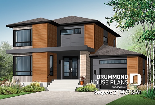 front - BASE MODEL - Affordable Modern home plan, garage, 3 beds, 1.5 baths, family & living rooms, 9' ceiling on main, fireplace - Sequoia 2