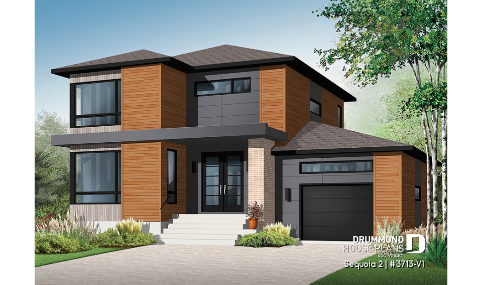 front - BASE MODEL - Affordable Modern home plan, garage, 3 beds, 1.5 baths, family &amp; living rooms, 9' ceiling on main, fireplace - Sequoia 2