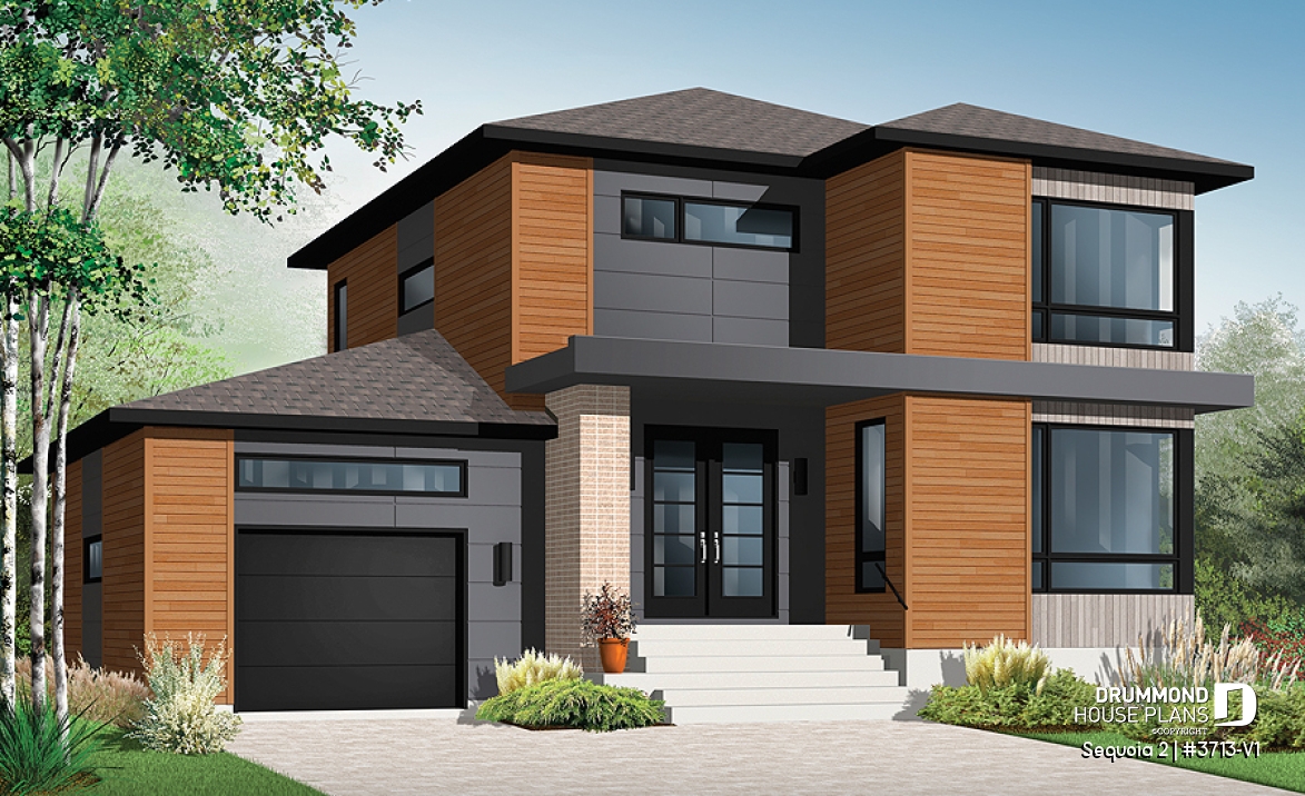 front - BASE MODEL - Affordable Modern home plan, garage, 3 beds, 1.5 baths, family &amp; living rooms, 9' ceiling on main, fireplace - Sequoia 2