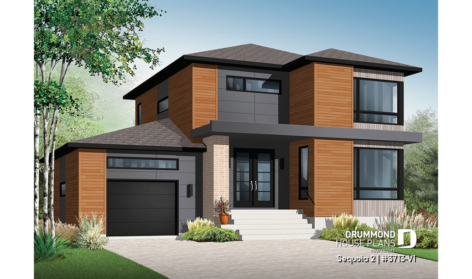 front - BASE MODEL - Affordable Modern home plan, garage, 3 beds, 1.5 baths, family &amp; living rooms, 9' ceiling on main, fireplace - Sequoia 2