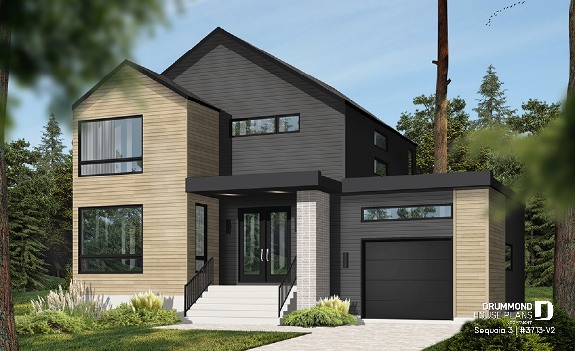 front - BASE MODEL - Modern 3 bedroom house plan, garage, home office, pantry, laundry on second level, mud room - Sequoia 3