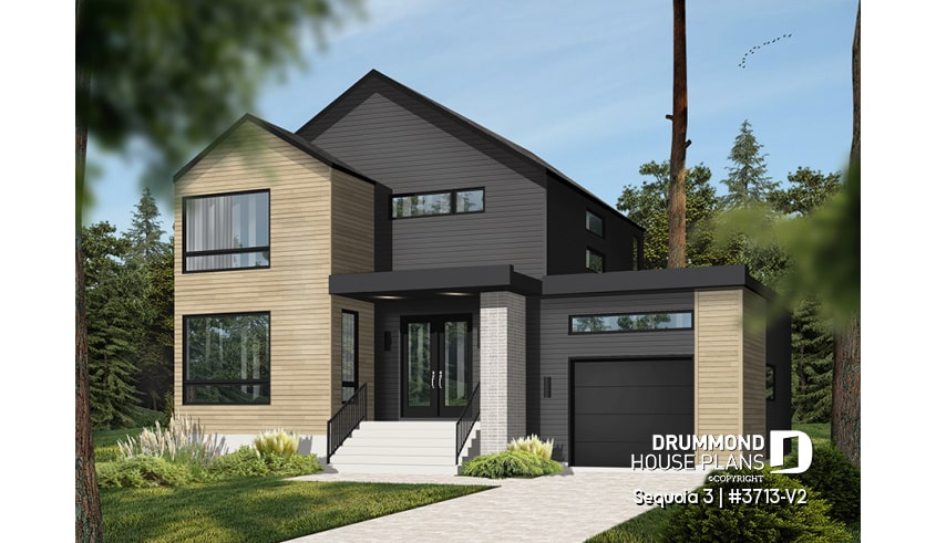 front - BASE MODEL - Modern 3 bedroom house plan, garage, home office, pantry, laundry on second level, mud room - Sequoia 3