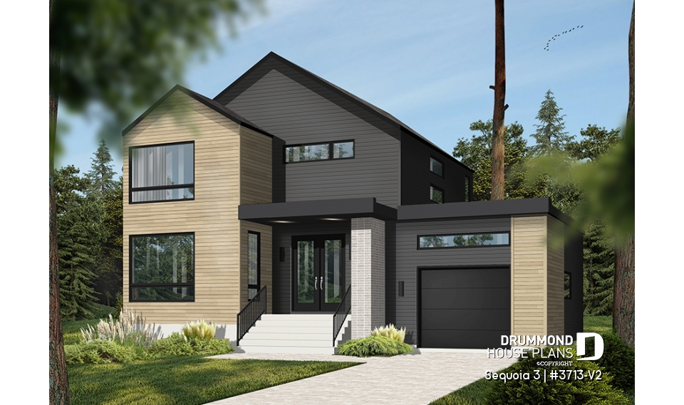front - BASE MODEL - Modern 3 bedroom house plan, garage, home office, pantry, laundry on second level, mud room - Sequoia 3