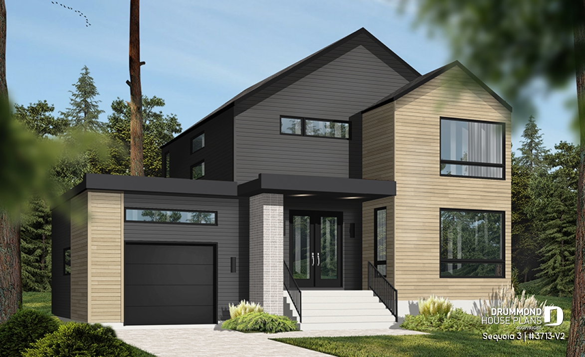 front - BASE MODEL - Modern 3 bedroom house plan, garage, home office, pantry, laundry on second level, mud room - Sequoia 3