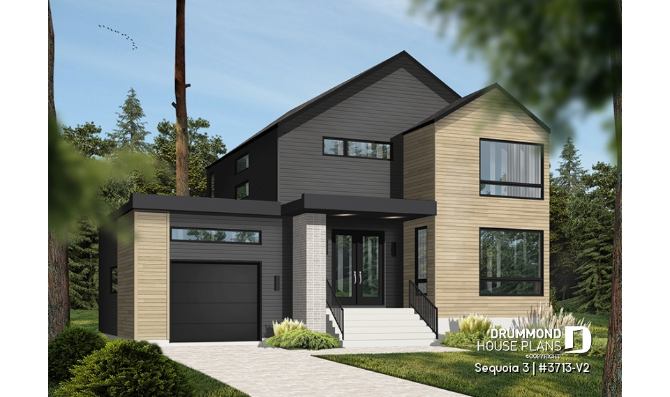 front - BASE MODEL - Modern 3 bedroom house plan, garage, home office, pantry, laundry on second level, mud room - Sequoia 3