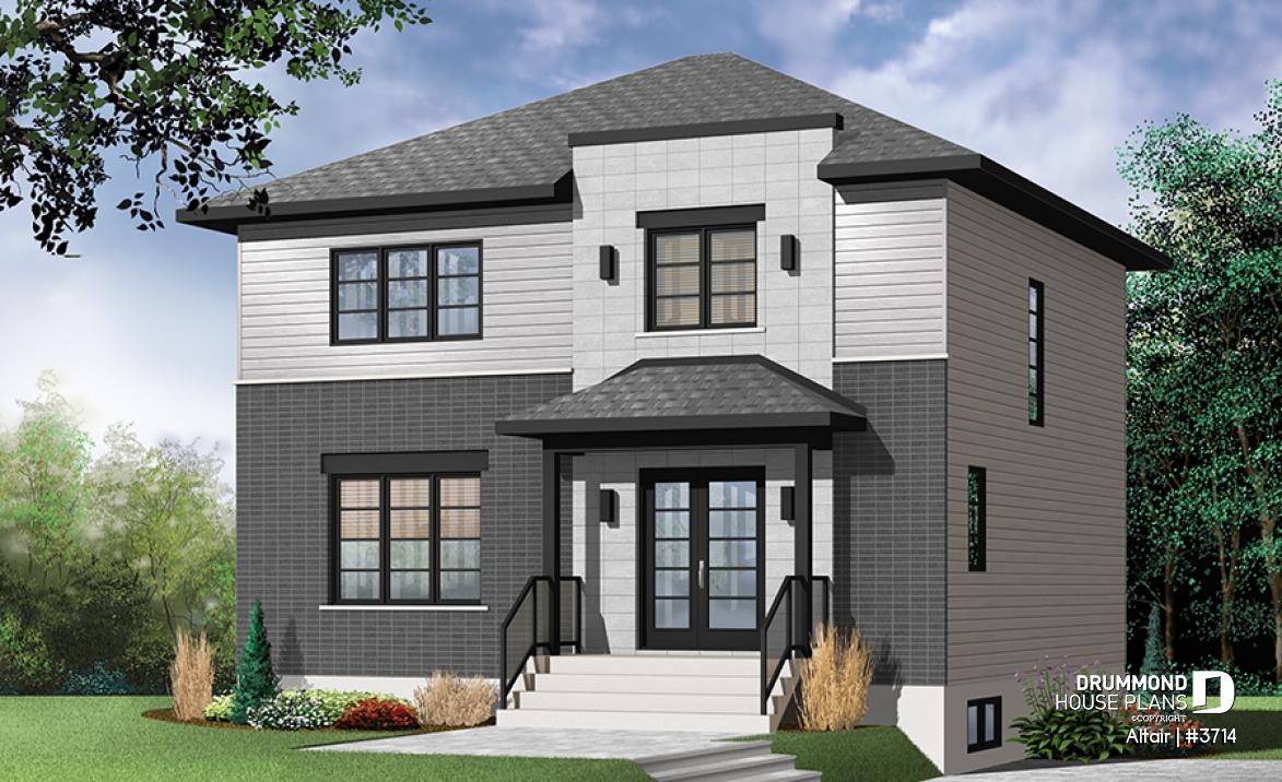 front - BASE MODEL - 3 bedroom small modern house plan, open floor concept with three sided fireplace, large kitchen and master bed - Altair
