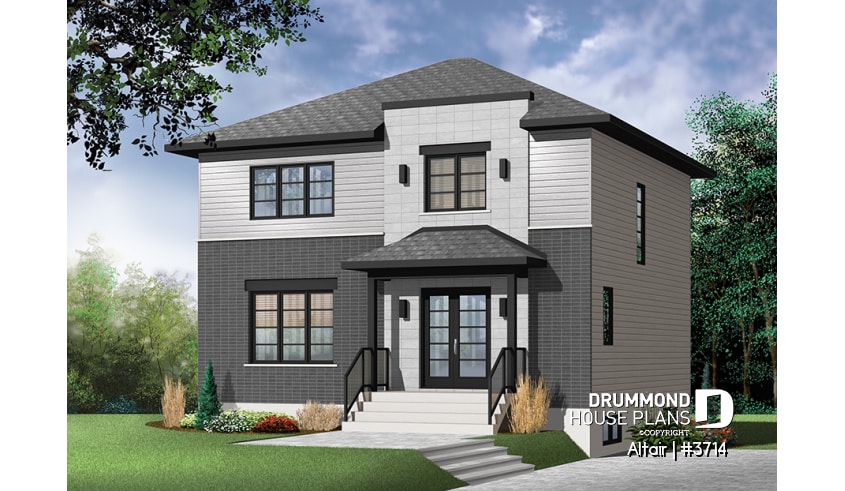 front - BASE MODEL - 3 bedroom small modern house plan, open floor concept with three sided fireplace, large kitchen and master bed - Altair
