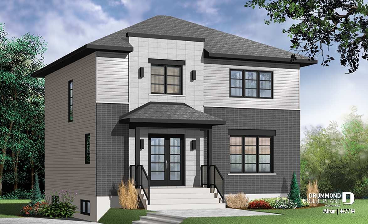 front - BASE MODEL - 3 bedroom small modern house plan, open floor concept with three sided fireplace, large kitchen and master bed - Altair