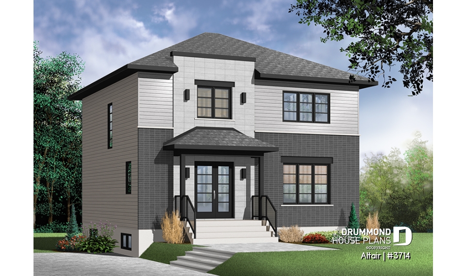 front - BASE MODEL - 3 bedroom small modern house plan, open floor concept with three sided fireplace, large kitchen and master bed - Altair