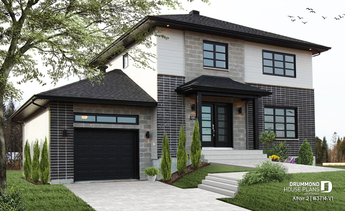 front - BASE MODEL - Two-story contemporary home plan with garage, open dining and living concept with central fireplace, 3 beds - Altair 2