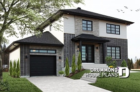 front - BASE MODEL - Two-story contemporary home plan with garage, open dining and living concept with central fireplace, 3 beds - Altair 2