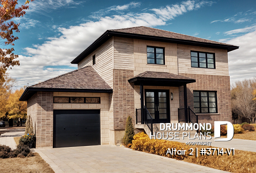 front - BASE MODEL - Two-story contemporary home plan with garage, open dining and living concept with central fireplace, 3 beds - Altair 2