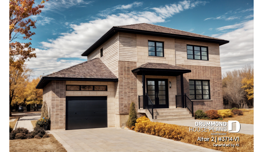 front - BASE MODEL - Two-story contemporary home plan with garage, open dining and living concept with central fireplace, 3 beds - Altair 2