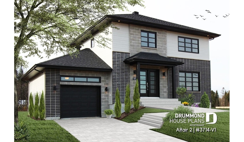 front - BASE MODEL - Two-story contemporary home plan with garage, open dining and living concept with central fireplace, 3 beds - Altair 2