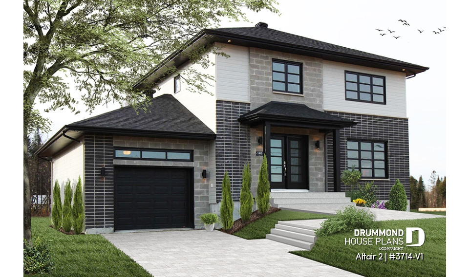 front - BASE MODEL - Two-story contemporary home plan with garage, open dining and living concept with central fireplace, 3 beds - Altair 2