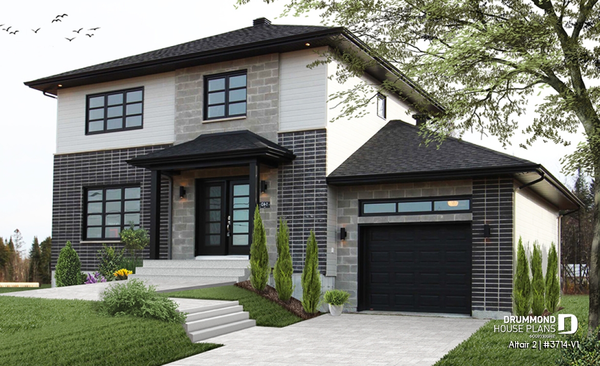 front - BASE MODEL - Two-story contemporary home plan with garage, open dining and living concept with central fireplace, 3 beds - Altair 2
