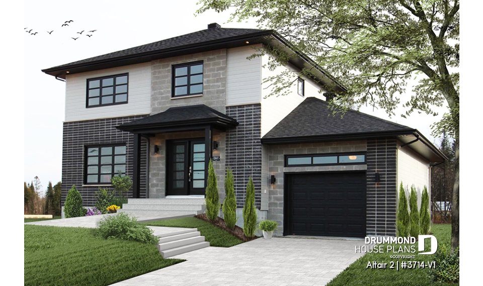 front - BASE MODEL - Two-story contemporary home plan with garage, open dining and living concept with central fireplace, 3 beds - Altair 2