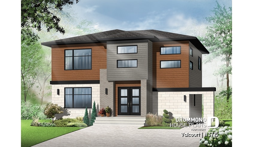 front - BASE MODEL - Bright, spacious, 3 bedroom moderne house plan with walk-in pantry, 2 bathrooms, laundry on main - Valcourt