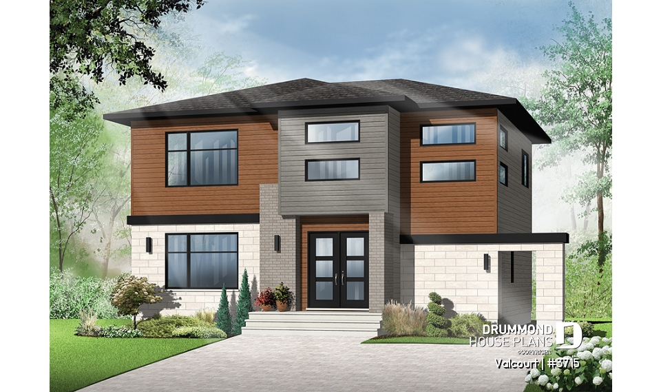 front - BASE MODEL - Bright, spacious, 3 bedroom moderne house plan with walk-in pantry, 2 bathrooms, laundry on main - Valcourt