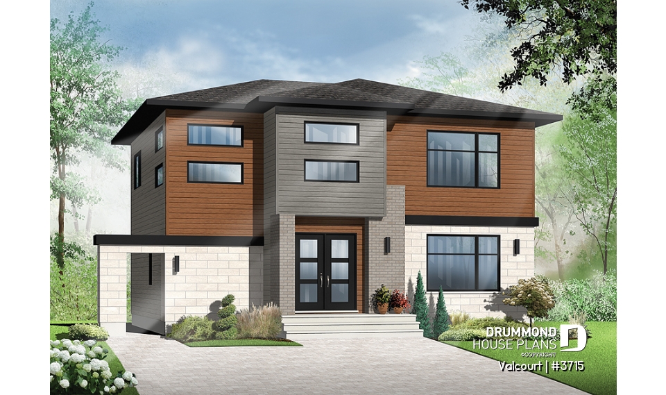 front - BASE MODEL - Bright, spacious, 3 bedroom moderne house plan with walk-in pantry, 2 bathrooms, laundry on main - Valcourt