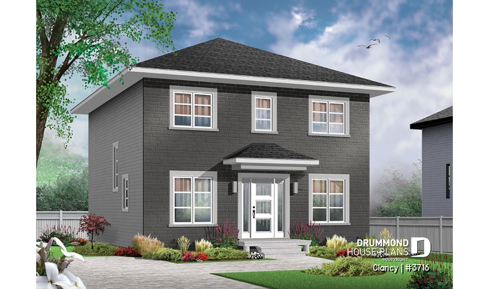front - BASE MODEL - Economical English style 3 bedrooms home, open floor plan, home office and laundry room on main floor - Clancy