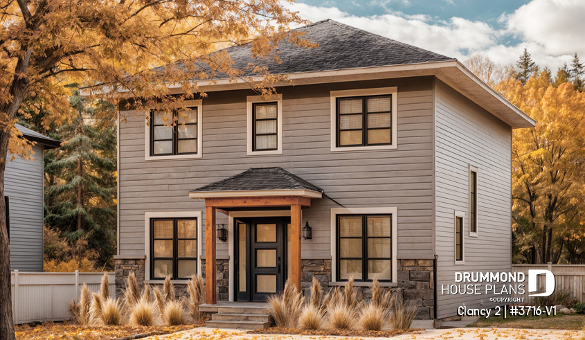 front - BASE MODEL - Transitional cottage design, low budget, 3 to 4 bedrooms, laundry room, kitchen island, open floor - Clancy 2