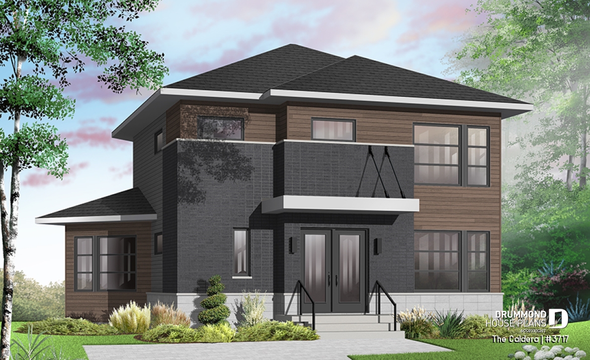 Color version 5 - Front - Uniquely styled, well fenestrated  3 bedroom Modern house plan, spacious and bright family room, formal dining - The Caldera