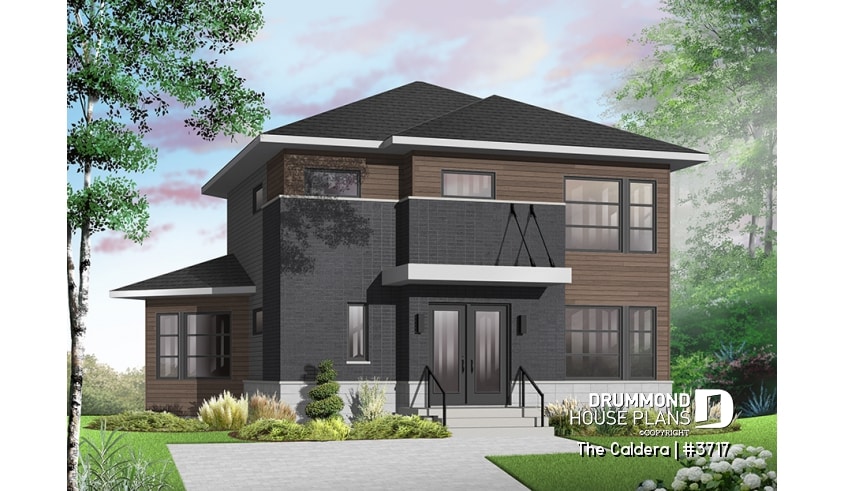 Color version 5 - Front - Uniquely styled, well fenestrated  3 bedroom Modern house plan, spacious and bright family room, formal dining - The Caldera