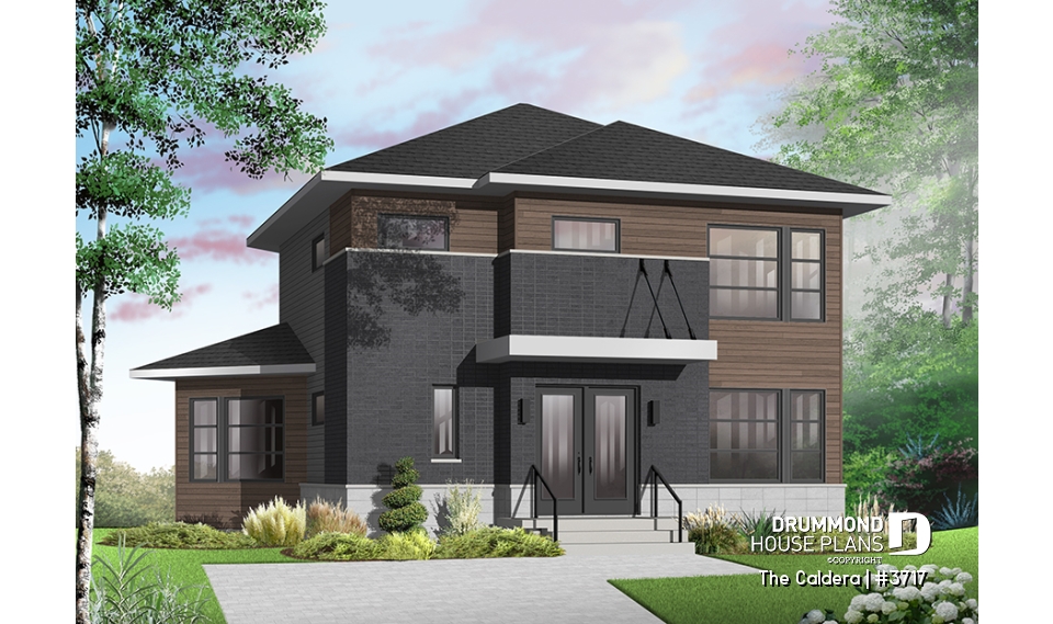 Color version 5 - Front - Uniquely styled, well fenestrated  3 bedroom Modern house plan, spacious and bright family room, formal dining - The Caldera