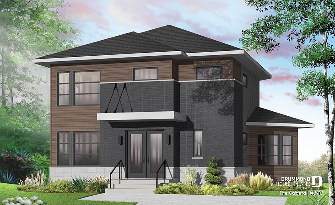 Color version 5 - Front - Uniquely styled, well fenestrated  3 bedroom Modern house plan, spacious and bright family room, formal dining - The Caldera