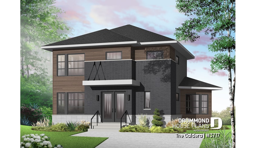 Color version 5 - Front - Uniquely styled, well fenestrated  3 bedroom Modern house plan, spacious and bright family room, formal dining - The Caldera