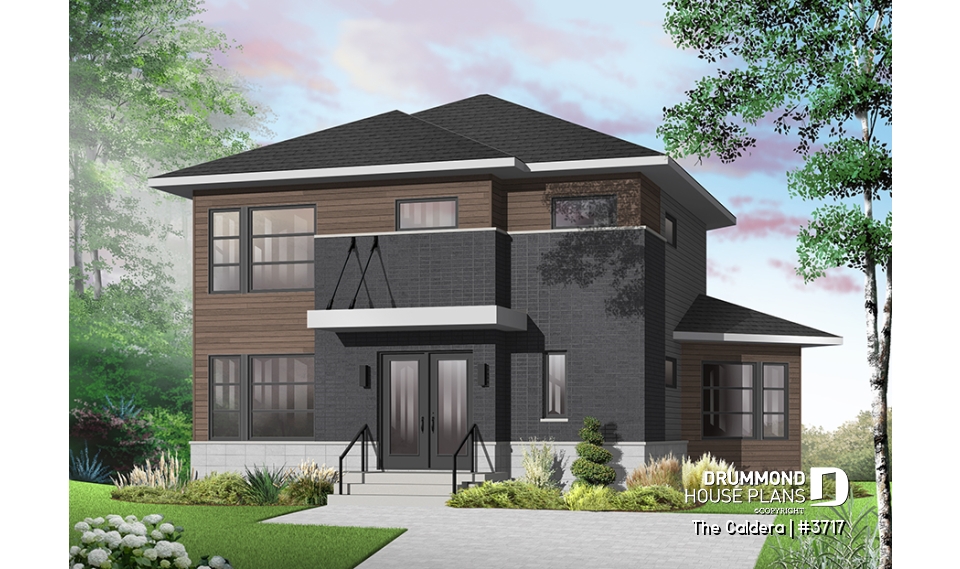 Color version 5 - Front - Uniquely styled, well fenestrated  3 bedroom Modern house plan, spacious and bright family room, formal dining - The Caldera
