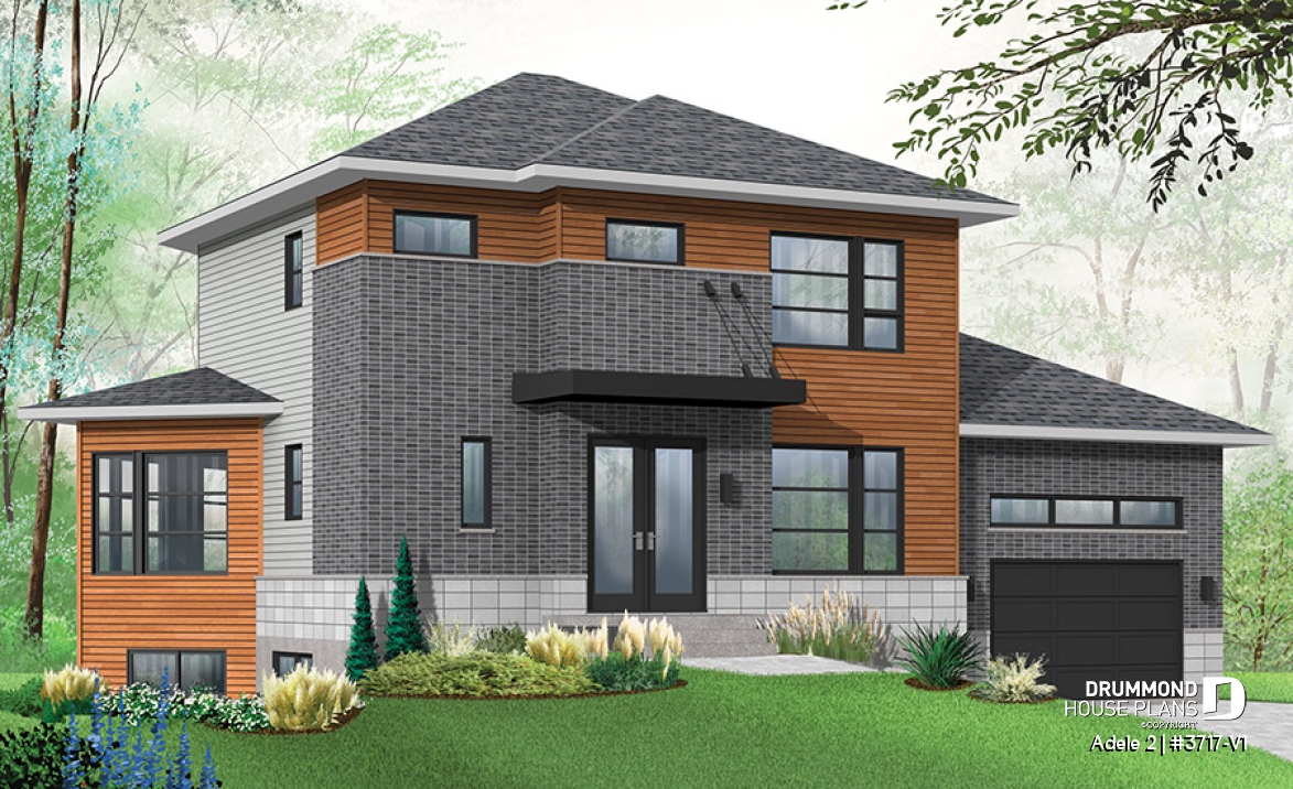 front - BASE MODEL - Contemporary House plan with basement apartment, 3 bedrooms for owner, garage, open floor plan, 9' ceiling   - Adele 2