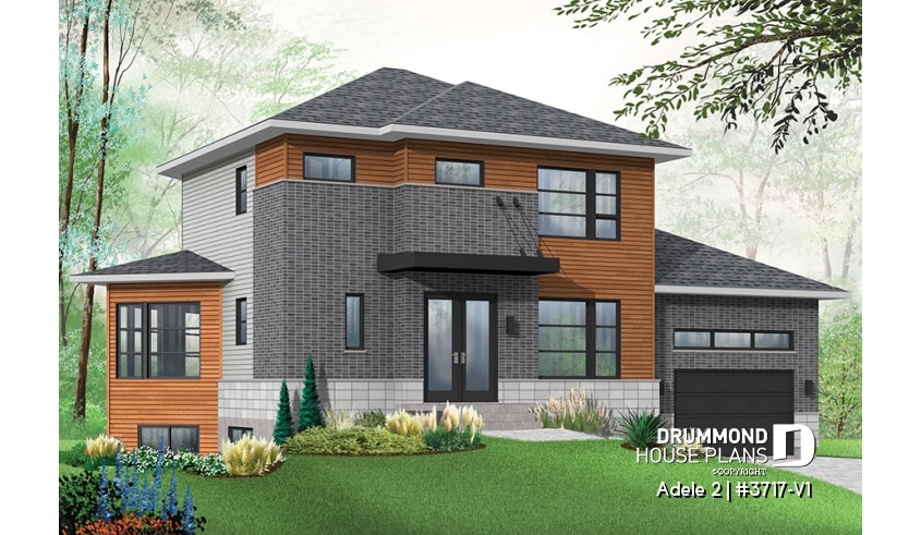 front - BASE MODEL - Contemporary House plan with basement apartment, 3 bedrooms for owner, garage, open floor plan, 9' ceiling   - Adele 2