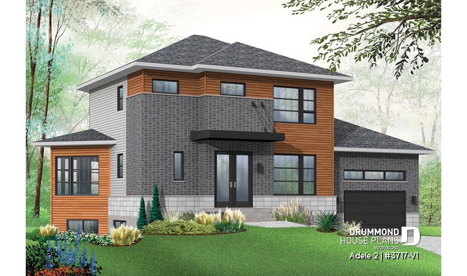 front - BASE MODEL - Contemporary House plan with basement apartment, 3 bedrooms for owner, garage, open floor plan, 9' ceiling   - Adele 2