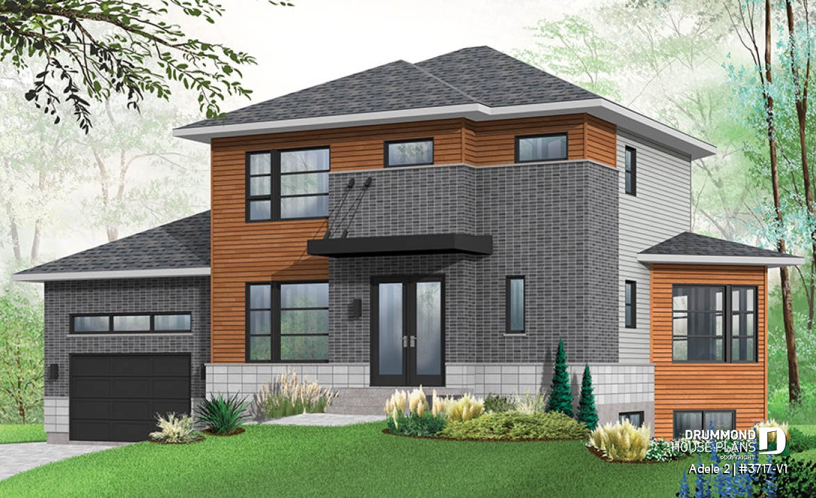 front - BASE MODEL - Contemporary House plan with basement apartment, 3 bedrooms for owner, garage, open floor plan, 9' ceiling   - Adele 2