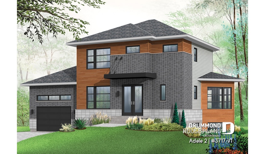 front - BASE MODEL - Contemporary House plan with basement apartment, 3 bedrooms for owner, garage, open floor plan, 9' ceiling   - Adele 2