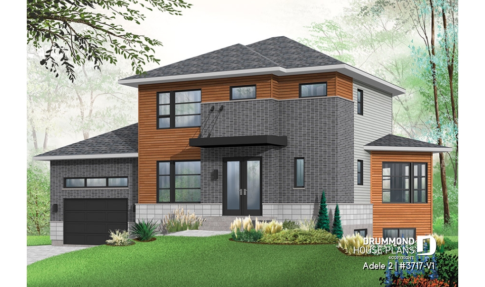 front - BASE MODEL - Contemporary House plan with basement apartment, 3 bedrooms for owner, garage, open floor plan, 9' ceiling   - Adele 2