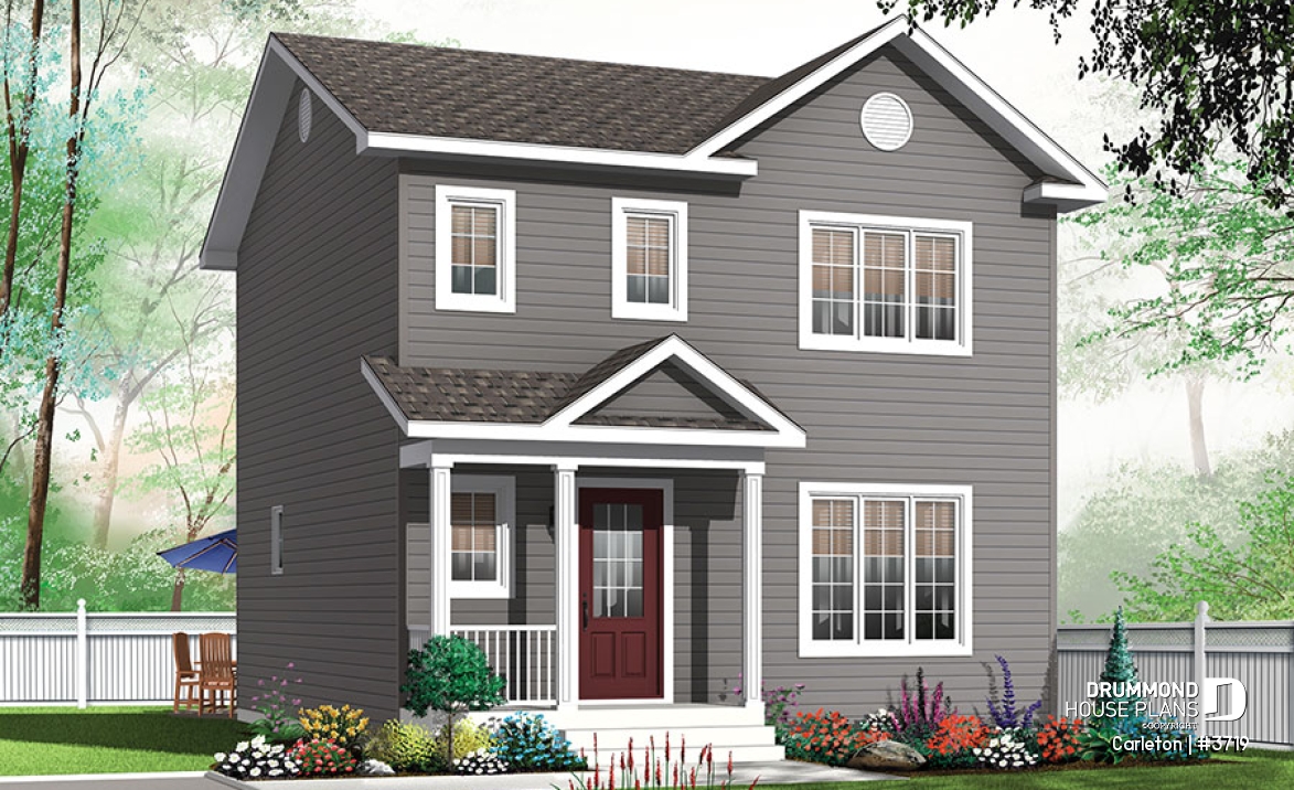 front - BASE MODEL - Small 3 bedroom Traditional house plan with open living concept, large kitchen island and pantry - Carleton