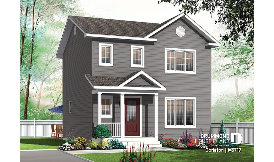 front - BASE MODEL - Small 3 bedroom Traditional house plan with open living concept, large kitchen island and pantry - Carleton