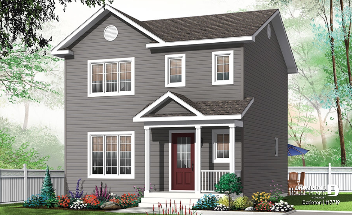 front - BASE MODEL - Small 3 bedroom Traditional house plan with open living concept, large kitchen island and pantry - Carleton