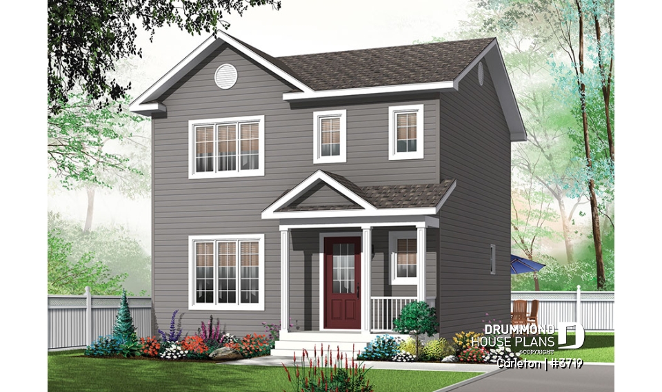 front - BASE MODEL - Small 3 bedroom Traditional house plan with open living concept, large kitchen island and pantry - Carleton