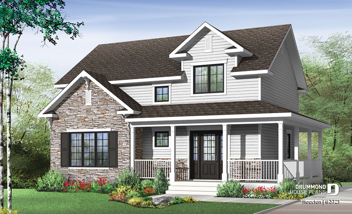 front - BASE MODEL - Transitional style house plan with wraparound porch, large kitchen island, open floor plan layout - Houston