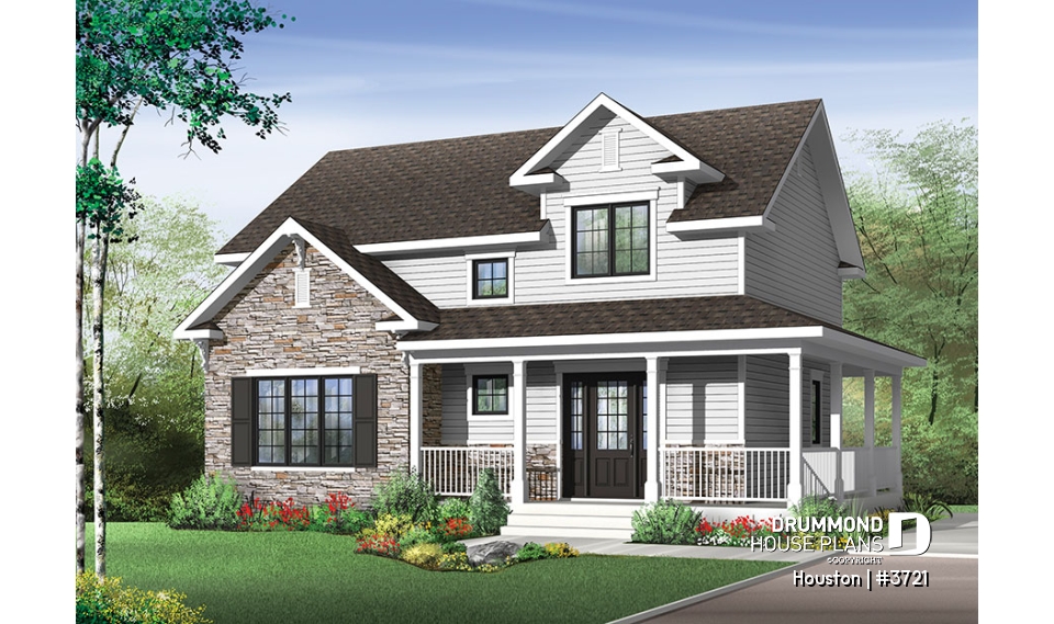 front - BASE MODEL - Transitional style house plan with wraparound porch, large kitchen island, open floor plan layout - Houston