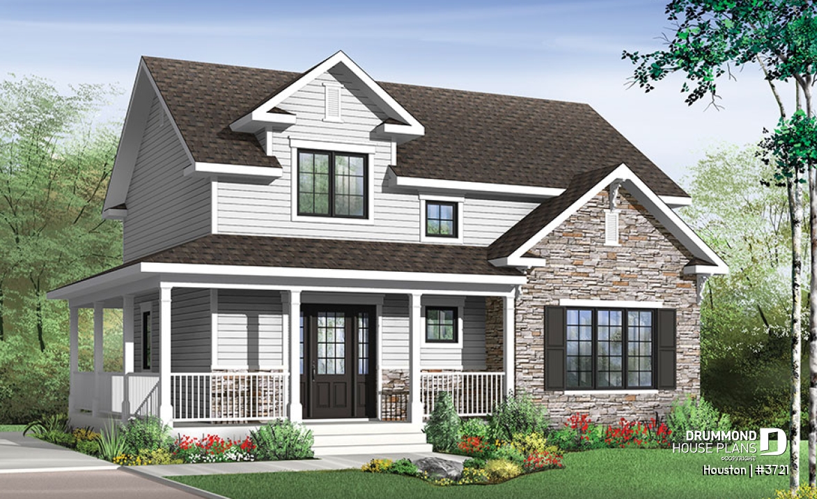 front - BASE MODEL - Transitional style house plan with wraparound porch, large kitchen island, open floor plan layout - Houston