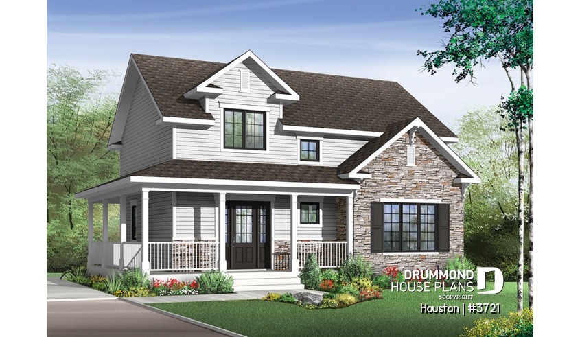 front - BASE MODEL - Transitional style house plan with wraparound porch, large kitchen island, open floor plan layout - Houston