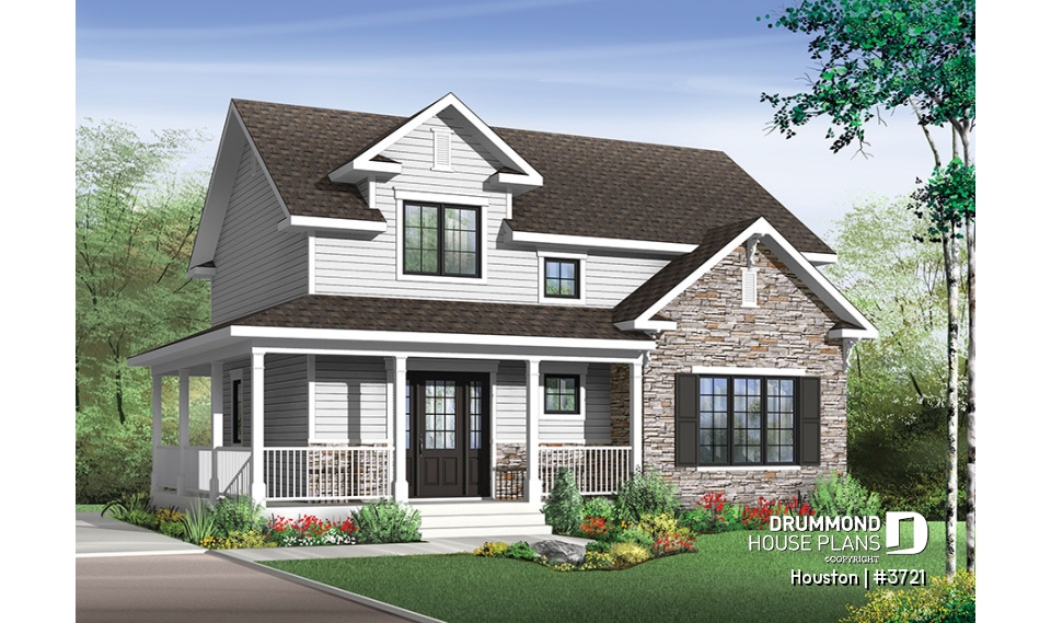 front - BASE MODEL - Transitional style house plan with wraparound porch, large kitchen island, open floor plan layout - Houston